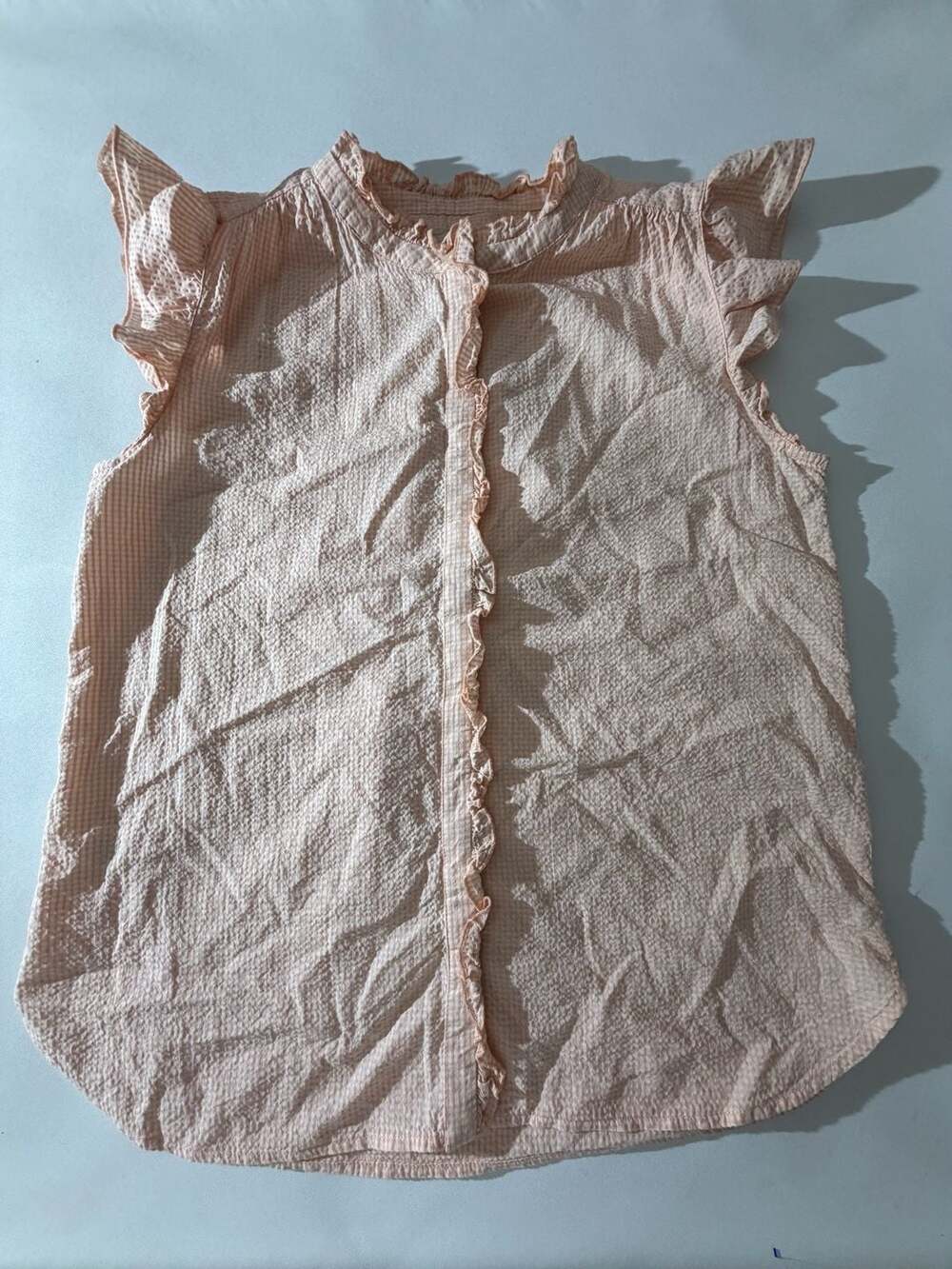 LOFT S Peach Gingham Ruffle Sleeveless Button Up Blouse Seersucker Boho